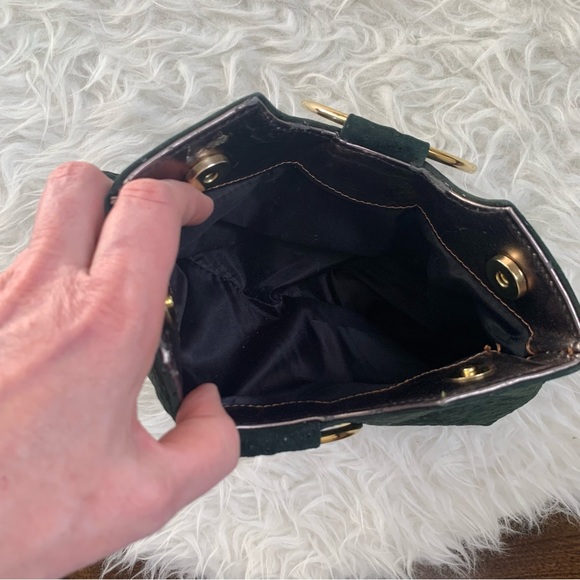 Vegan leather purse dark green w/goldtone “bracelet” ring handle; ostrich, snake - Picture 6 of 14